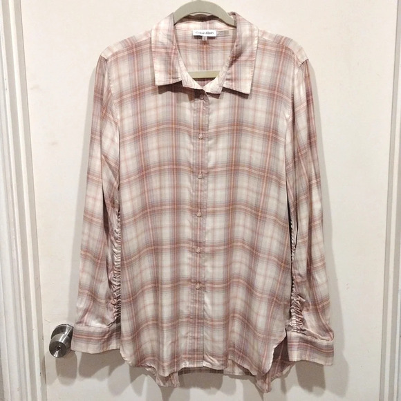 Calvin Klein Women's Tencel Lyocell Blend Tan Plaid Button Down Shirt Size L - Picture 1 of 7